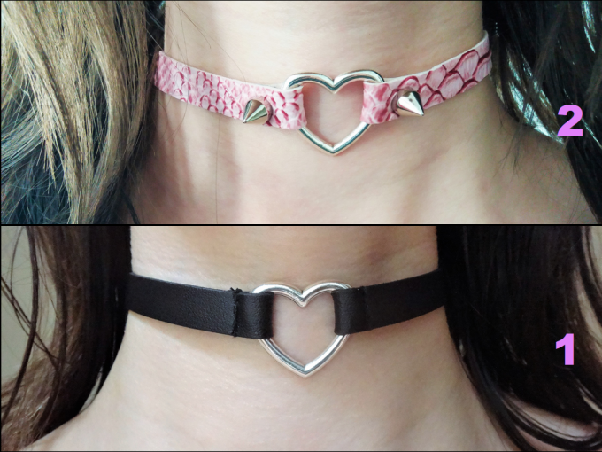 Choker coeur anneau ras de cou pastel goth lolita gothique goth simili noir rose dragon lilas piques