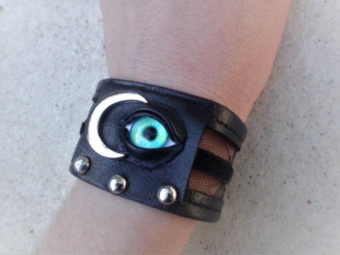 Bracelet oeil et lune en simili cuir, bijou gothique occulte pour femme, bijou sorcière occulte