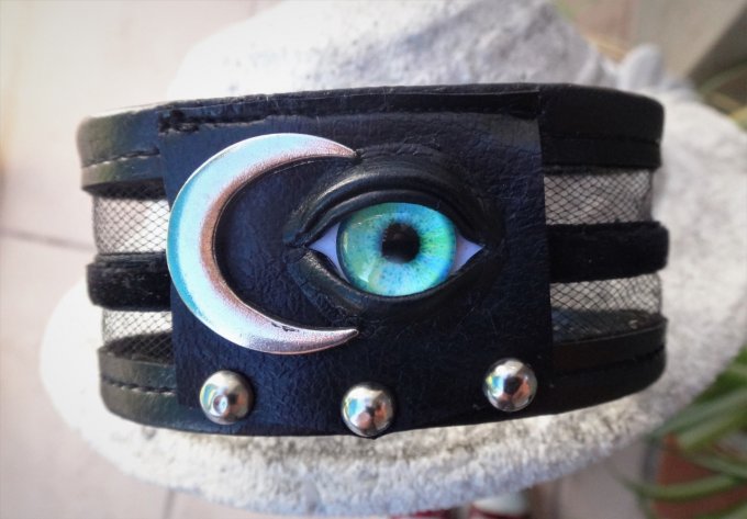 Bracelet oeil et lune en simili cuir, bijou gothique occulte pour femme, bijou sorcière occulte