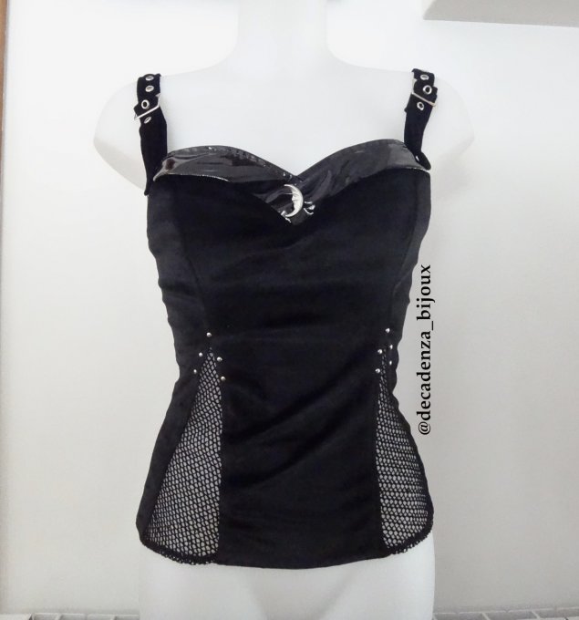 Top lune gothique en velours et vynil, bustier goth résille et pvc, vêtements femme gothique