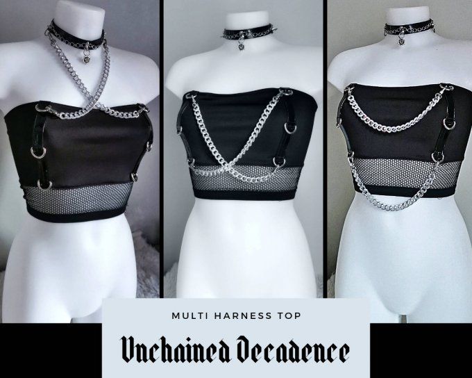 Crop top façon harnais avec chaines métalliques amovibles gothique grunge - Unchained Decadence