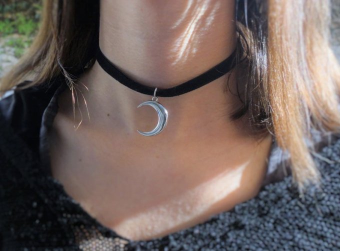 Tour de cou en velours avec pendentif lune, collier croissant de lune, ras de cou gothique, occulte