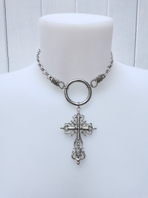 Collier anneau et croix gothique, ras de cou style grunge avec anneau et chaine