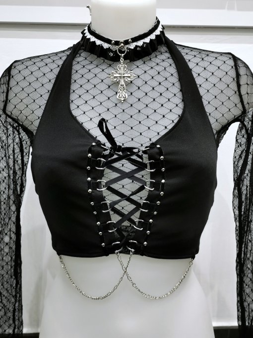 KASSANDRA - Crop top gothique avec laçage et chaines, top été style grunge, dos nu avec anneaux
